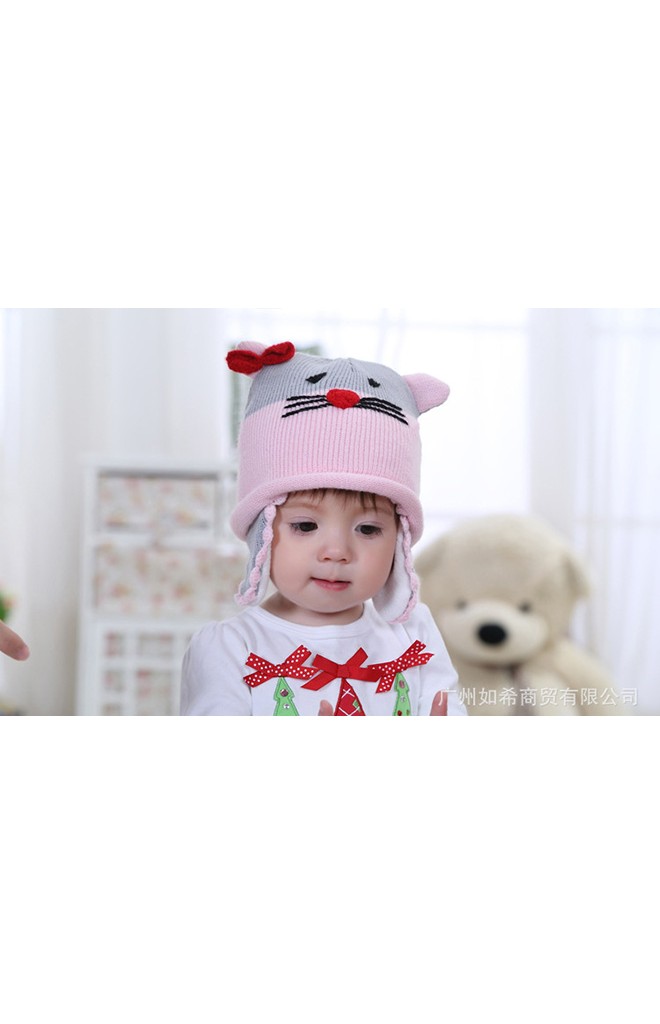 หมวกไหมพรมแมวน่ารัก สีชมพูสลับเทา แต่งโบว์แดง
