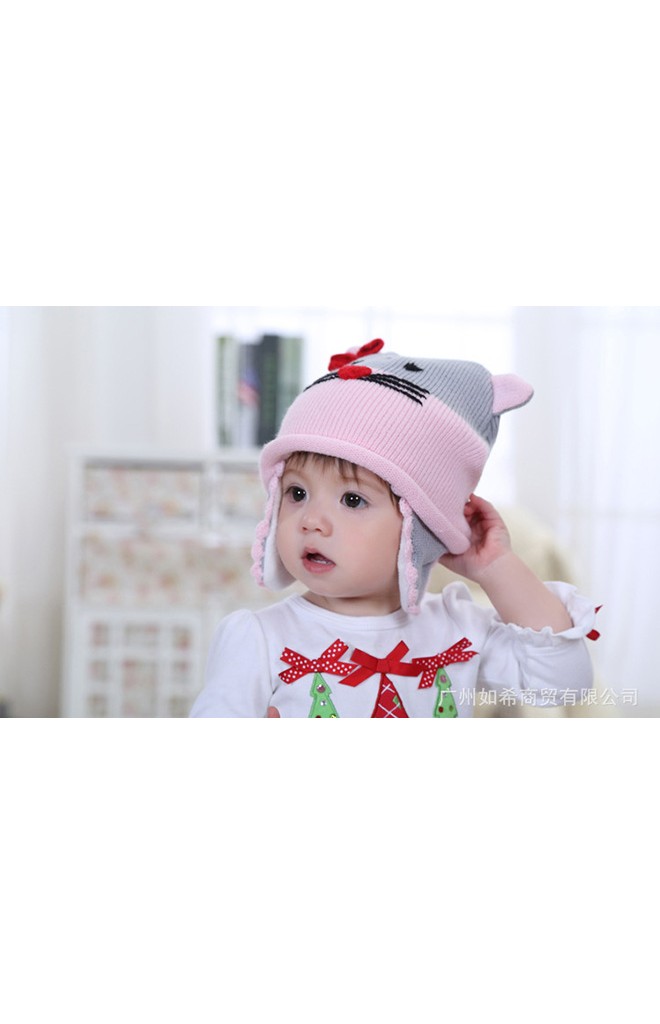 หมวกไหมพรมแมวน่ารัก สีชมพูสลับเทา แต่งโบว์แดง