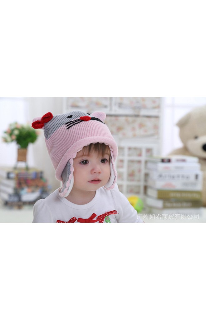 หมวกไหมพรมแมวน่ารัก สีชมพูสลับเทา แต่งโบว์แดง