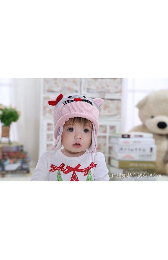 หมวกไหมพรมแมวน่ารัก สีชมพูสลับเทา แต่งโบว์แดง