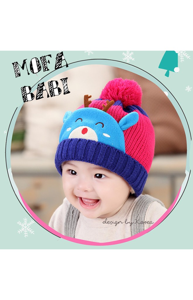 หมวกไหมพรมเด็กรูปกวาง ด้านบนแต่งปอมปอม MOFABABI