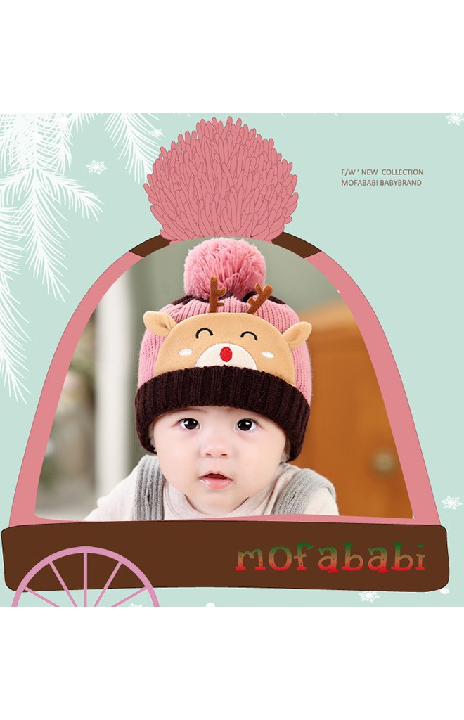 หมวกไหมพรมเด็กรูปกวาง ด้านบนแต่งปอมปอม MOFABABI