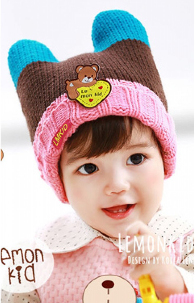 หมวกไหมพรมมีเขาพับขอบ ด้านหน้าแต่งรูปหมี Lemonkid หมวกไหมพรมมีเขาพับขอบ ด้านหน้าแต่งรูปหมี Lemonkid