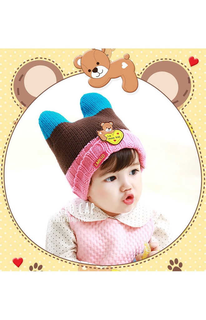 หมวกไหมพรมมีเขาพับขอบ ด้านหน้าแต่งรูปหมี Lemonkid
