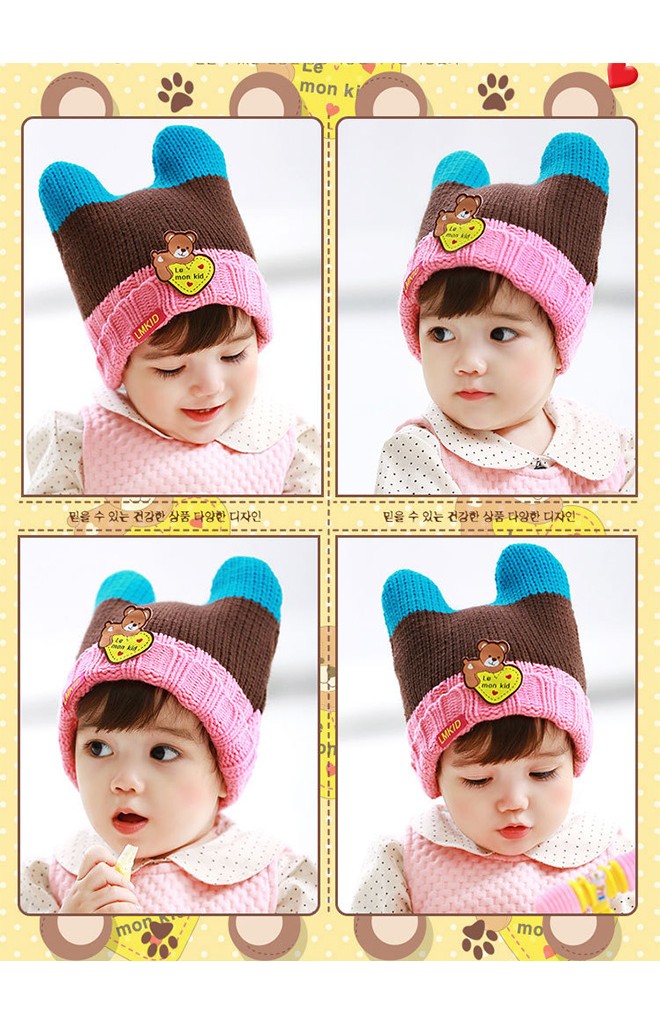 หมวกไหมพรมมีเขาพับขอบ ด้านหน้าแต่งรูปหมี Lemonkid