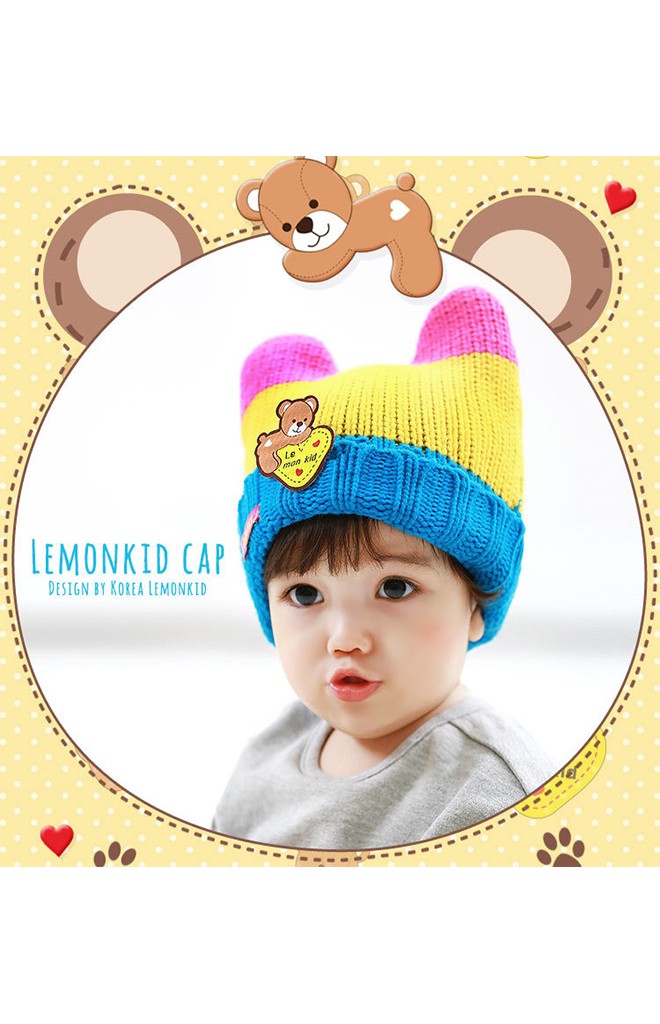หมวกไหมพรมมีเขาพับขอบ ด้านหน้าแต่งรูปหมี Lemonkid