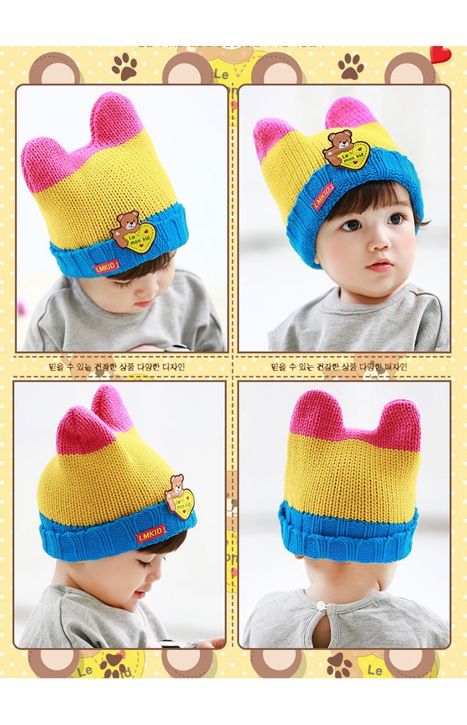 หมวกไหมพรมมีเขาพับขอบ ด้านหน้าแต่งรูปหมี Lemonkid