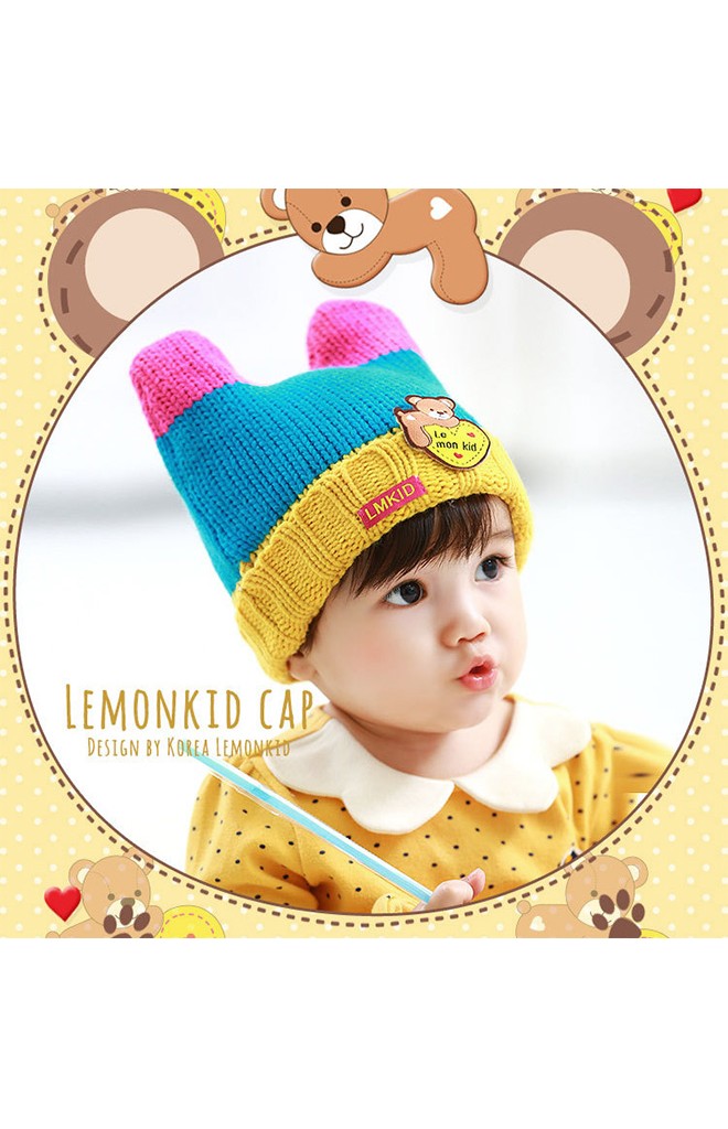 หมวกไหมพรมมีเขาพับขอบ ด้านหน้าแต่งรูปหมี Lemonkid