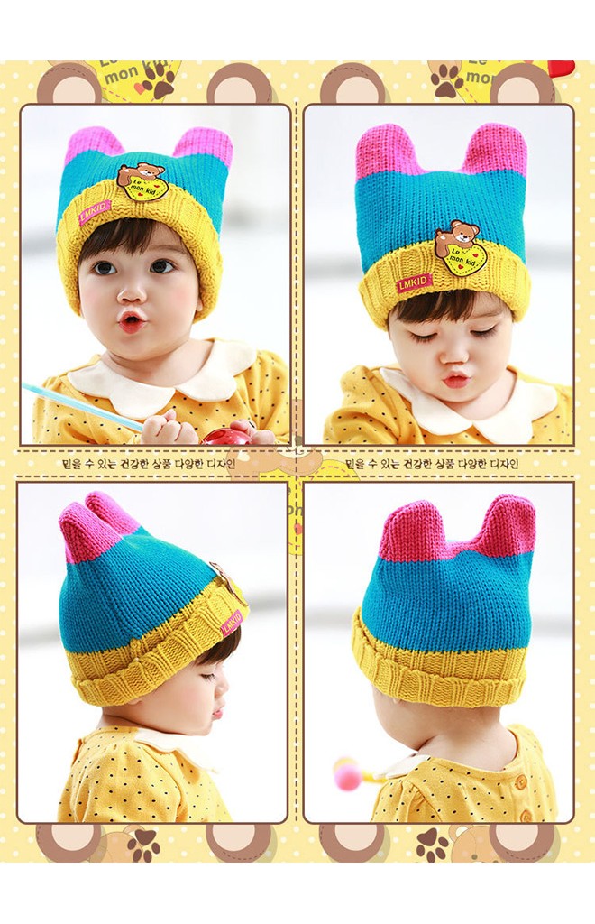 หมวกไหมพรมมีเขาพับขอบ ด้านหน้าแต่งรูปหมี Lemonkid
