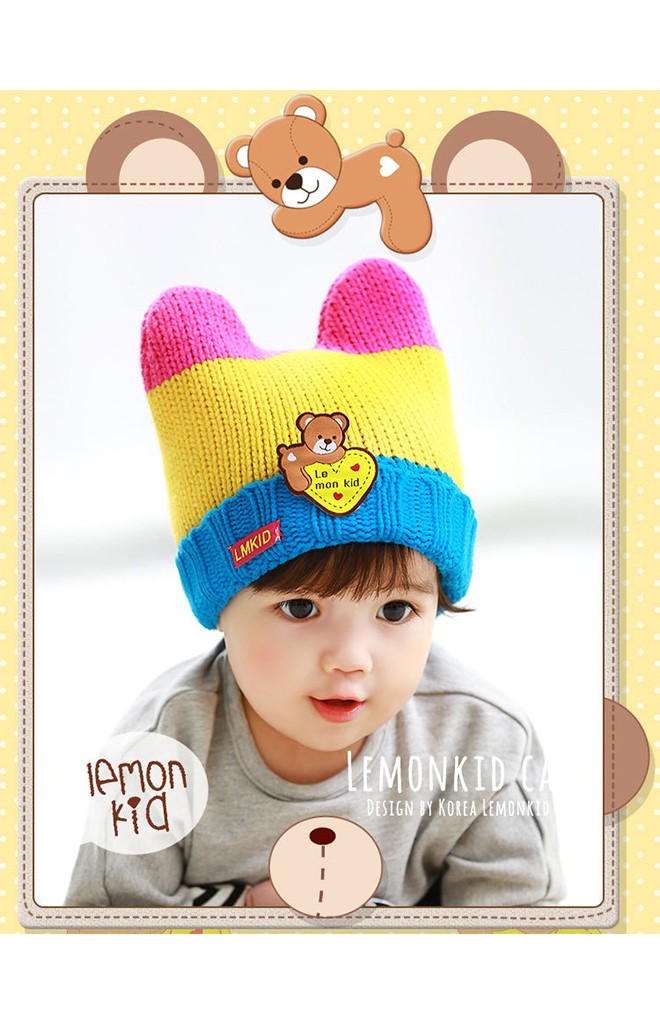 หมวกไหมพรมมีเขาพับขอบ ด้านหน้าแต่งรูปหมี Lemonkid