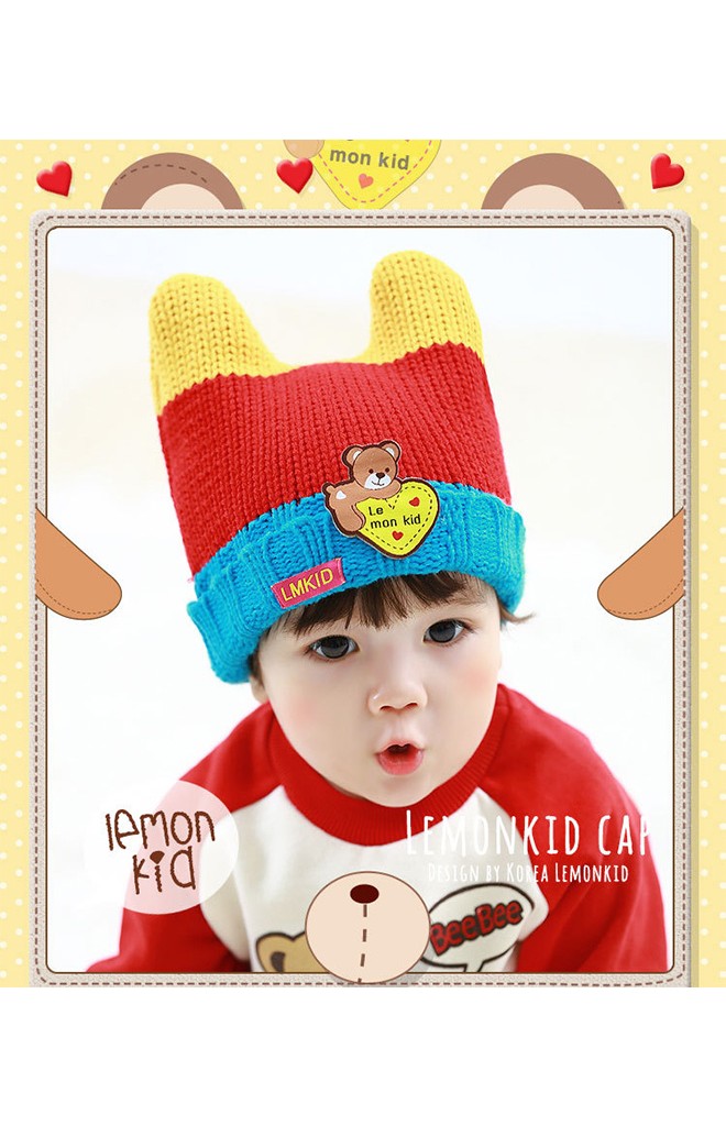 หมวกไหมพรมมีเขาพับขอบ ด้านหน้าแต่งรูปหมี Lemonkid