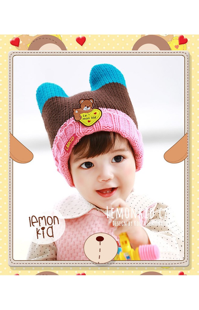 หมวกไหมพรมมีเขาพับขอบ ด้านหน้าแต่งรูปหมี Lemonkid