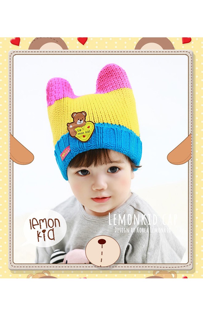 หมวกไหมพรมมีเขาพับขอบ ด้านหน้าแต่งรูปหมี Lemonkid
