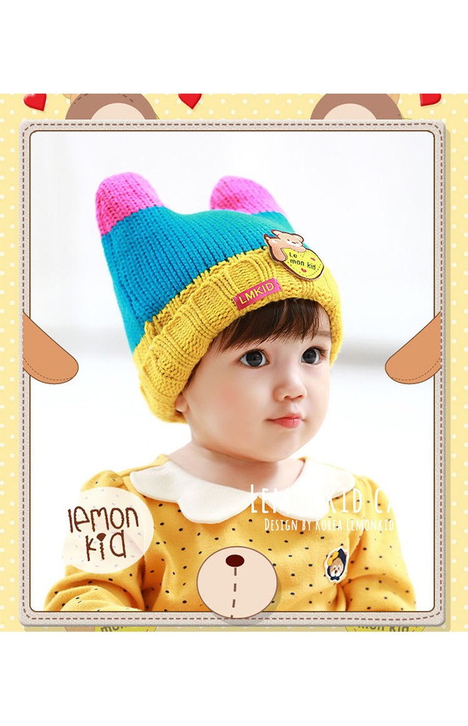 หมวกไหมพรมมีเขาพับขอบ ด้านหน้าแต่งรูปหมี Lemonkid