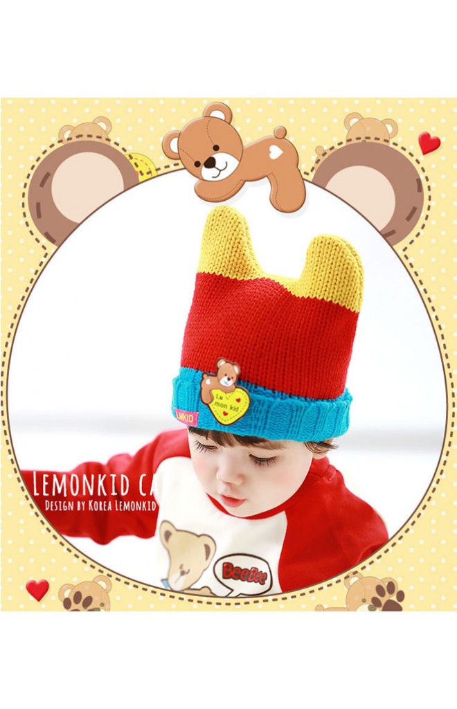 หมวกไหมพรมมีเขาพับขอบ ด้านหน้าแต่งรูปหมี Lemonkid