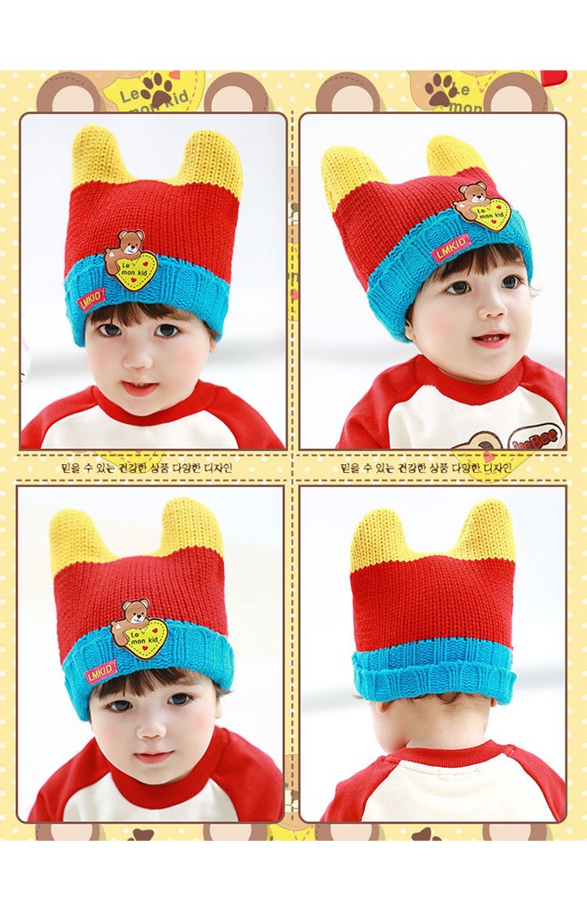 หมวกไหมพรมมีเขาพับขอบ ด้านหน้าแต่งรูปหมี Lemonkid