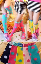 ถุงเท้าเด็กหญิงแบบยาวลายจุดใหญ่ ตัดขอบสีพื้น