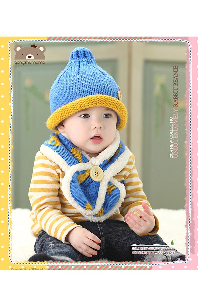 เซ็ตหมวกไหมพรมเด็กรูปฝาจุกขวดนมมาพร้อมผ้าพันคอไขว้ติดกระดุม GZMM