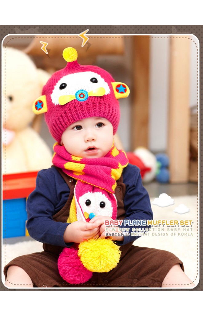 เซ็ตหมวกไหมพรมเด็กมาพร้อมผ้าพันคอลายเครื่องบินเล็ก GZMM