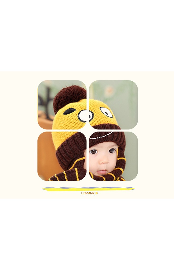 หมวกไหมพรมเด็กพร้อมผ้าพันคอในตัวรูปการ์ตูนยิ้ม Lemonkid