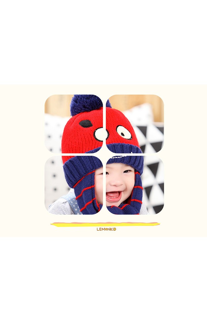 หมวกไหมพรมเด็กพร้อมผ้าพันคอในตัวรูปการ์ตูนยิ้ม Lemonkid