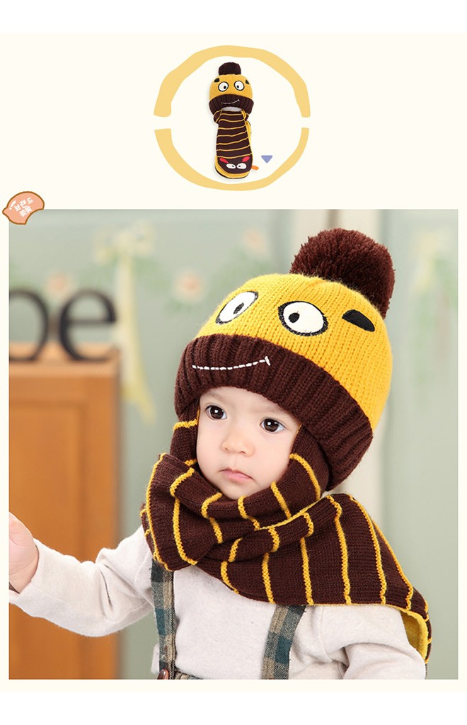 หมวกไหมพรมเด็กพร้อมผ้าพันคอในตัวรูปการ์ตูนยิ้ม Lemonkid