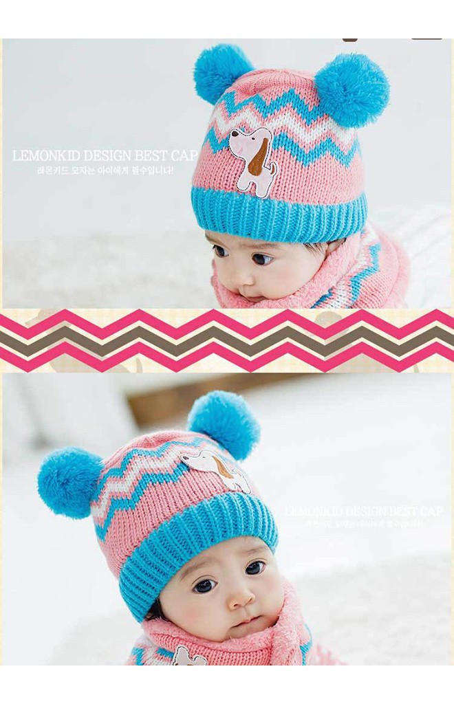 หมวกไหมพรมเด็กทอลายหยักด้านหน้าแต่งรูปหมาน้อย Lemonkid