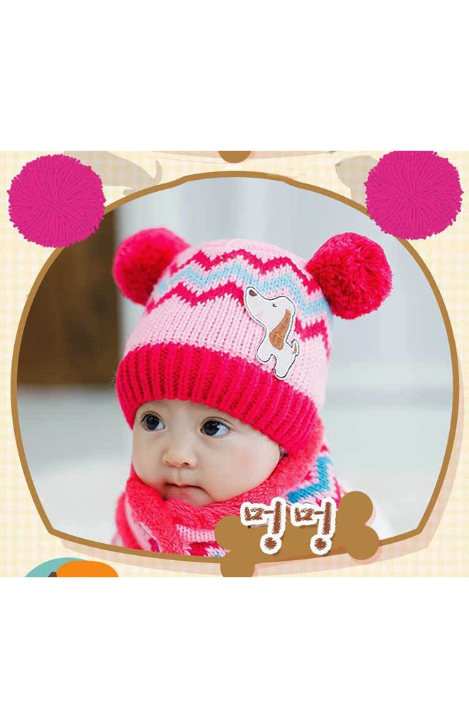 หมวกไหมพรมเด็กทอลายหยักด้านหน้าแต่งรูปหมาน้อย Lemonkid