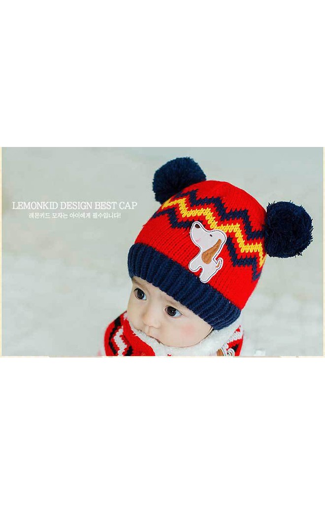 หมวกไหมพรมเด็กทอลายหยักด้านหน้าแต่งรูปหมาน้อย Lemonkid