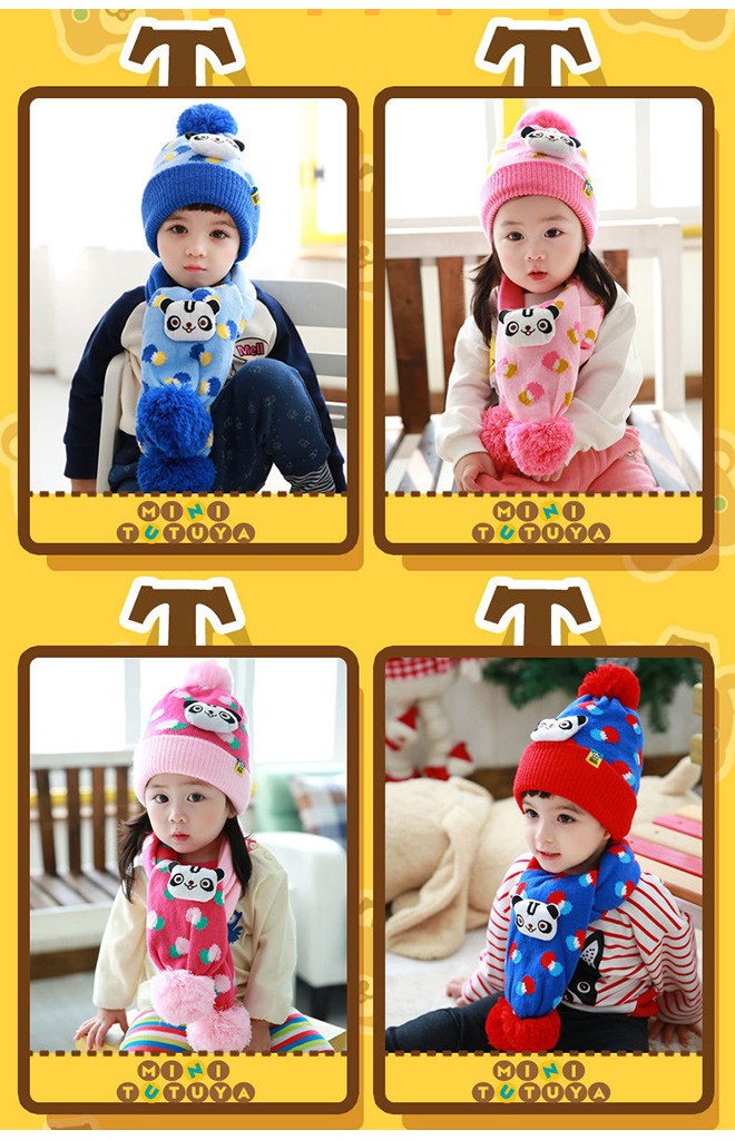 เซ็ตหมวกไหมพรมเด็กพร้อมผ้าพันคอหมีแพนด้า TUTUYA