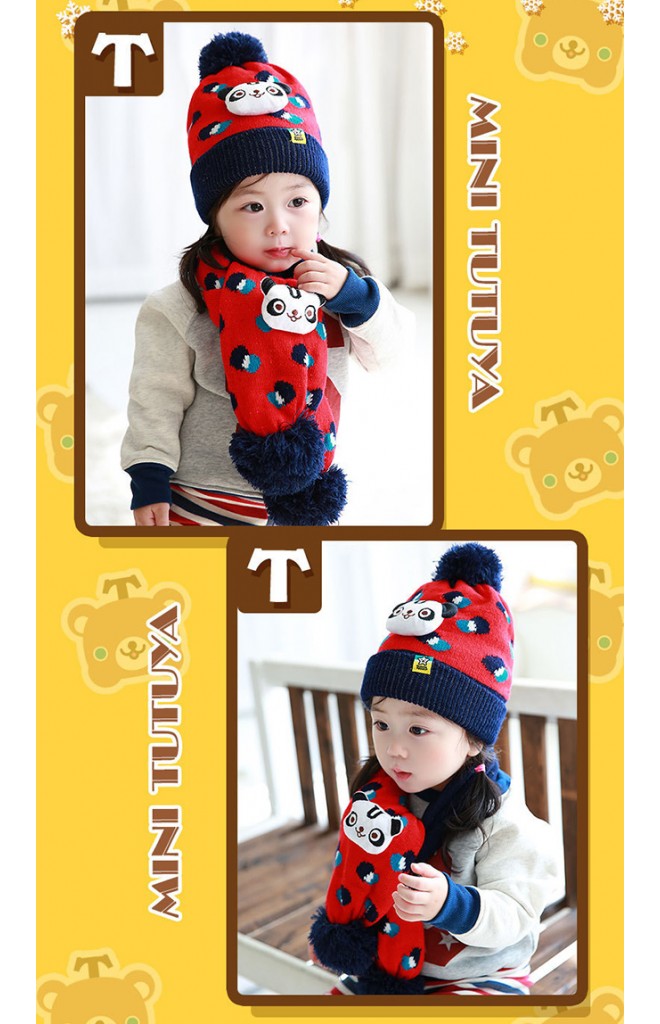 เซ็ตหมวกไหมพรมเด็กพร้อมผ้าพันคอหมีแพนด้า TUTUYA