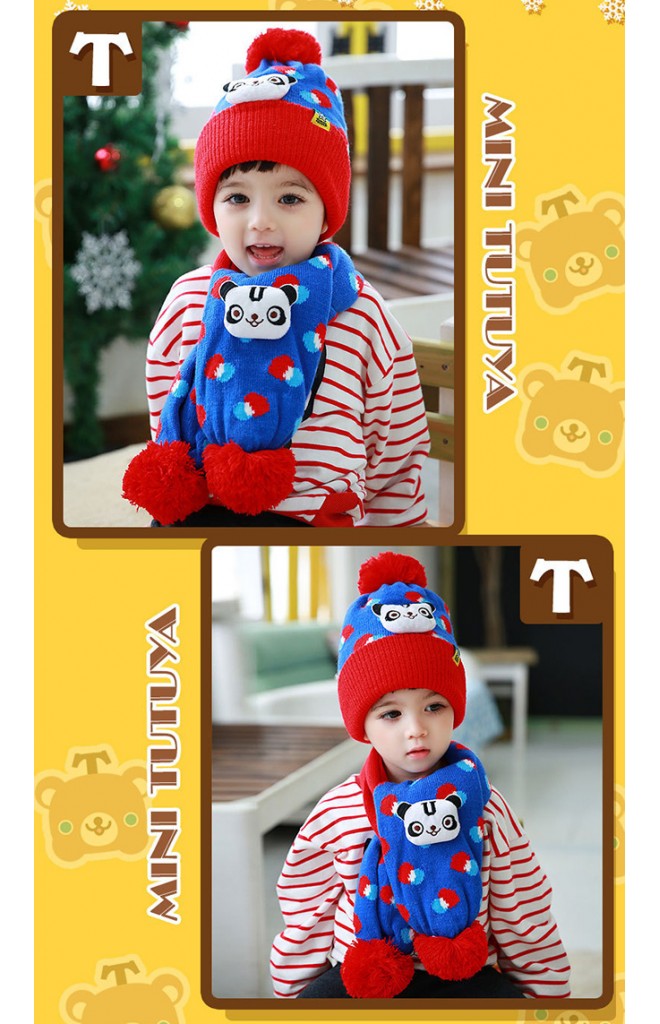 เซ็ตหมวกไหมพรมเด็กพร้อมผ้าพันคอหมีแพนด้า TUTUYA