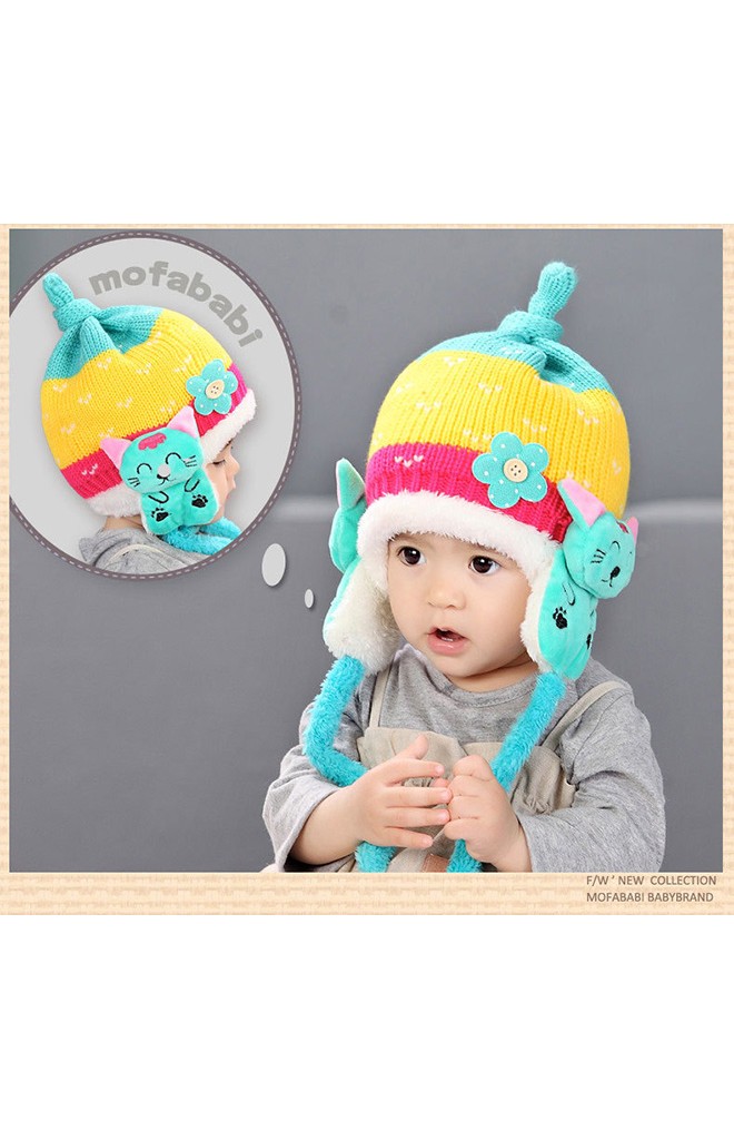 หมวกไหมพรมเด็กด้านข้างแต่งแมวน้อยมีสายผูกคาง จาก MOFABABI