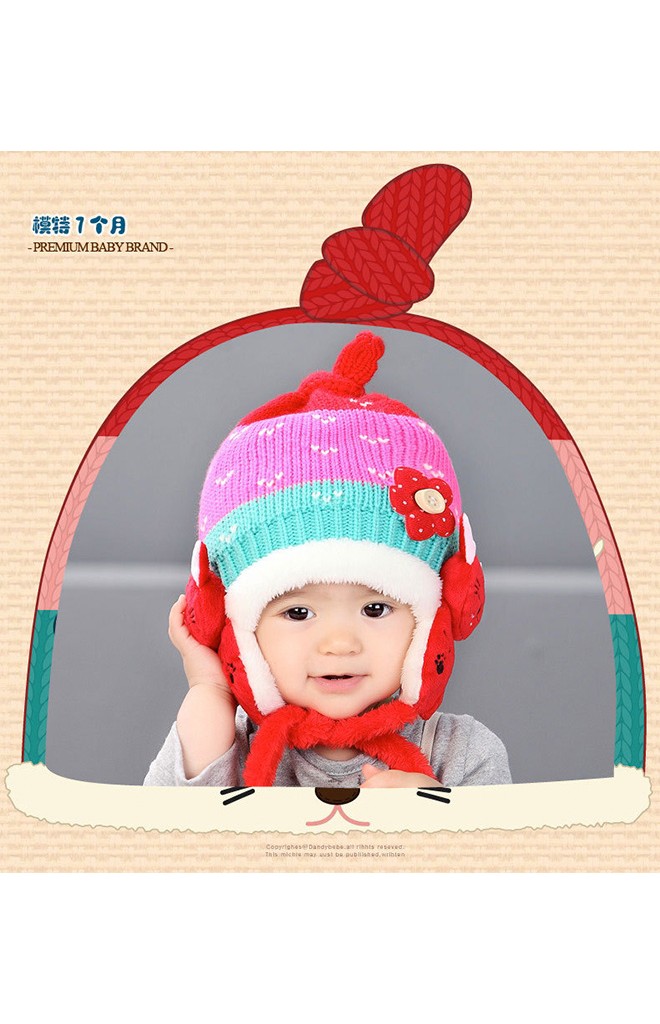 หมวกไหมพรมเด็กด้านข้างแต่งแมวน้อยมีสายผูกคาง จาก MOFABABI