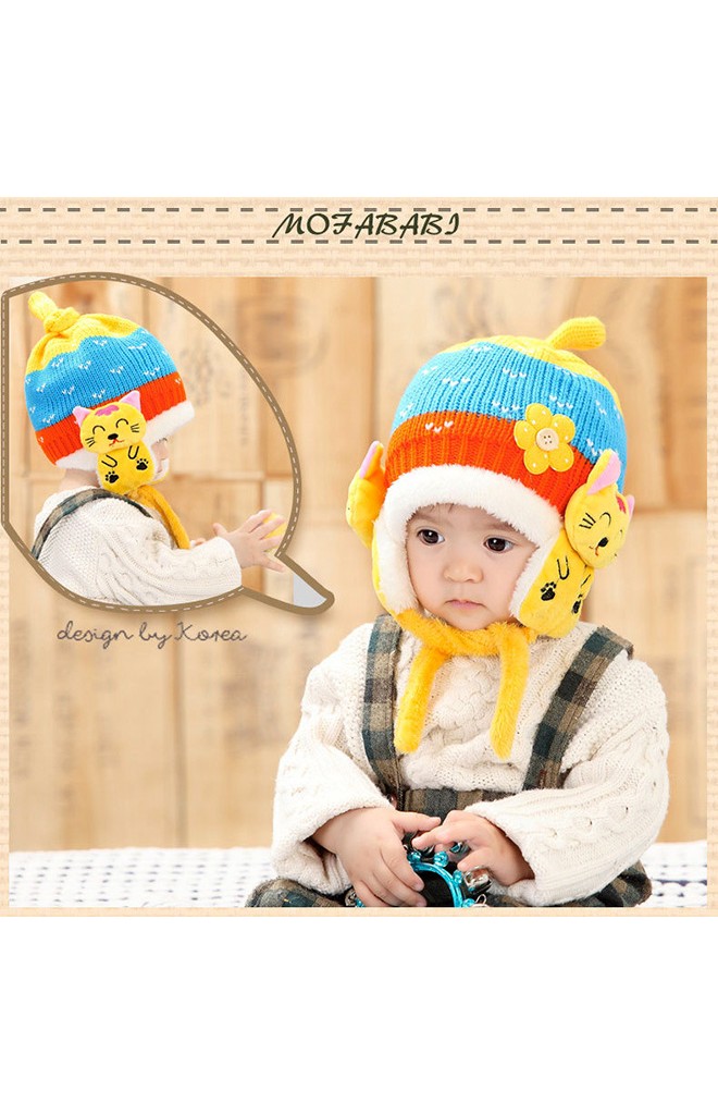 หมวกไหมพรมเด็กด้านข้างแต่งแมวน้อยมีสายผูกคาง จาก MOFABABI