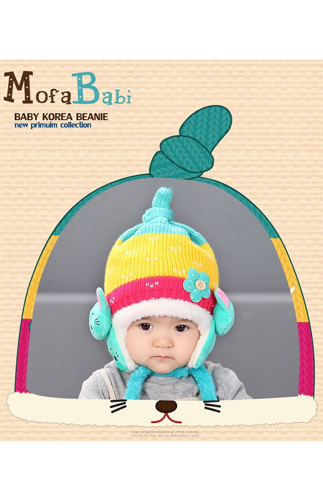 หมวกไหมพรมเด็กด้านข้างแต่งแมวน้อยมีสายผูกคาง จาก MOFABABI