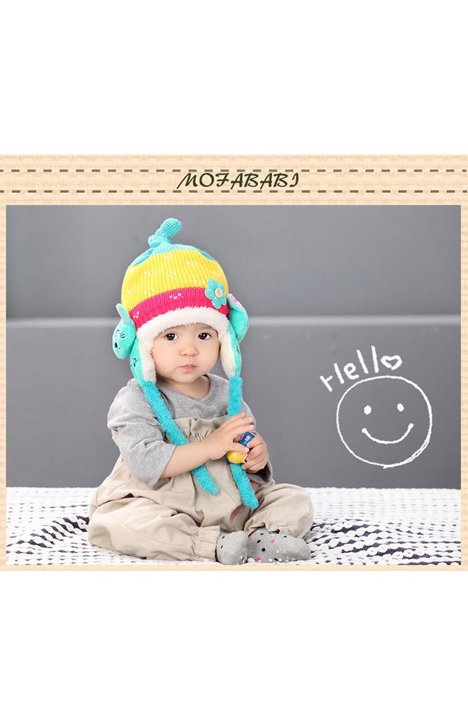 หมวกไหมพรมเด็กด้านข้างแต่งแมวน้อยมีสายผูกคาง จาก MOFABABI