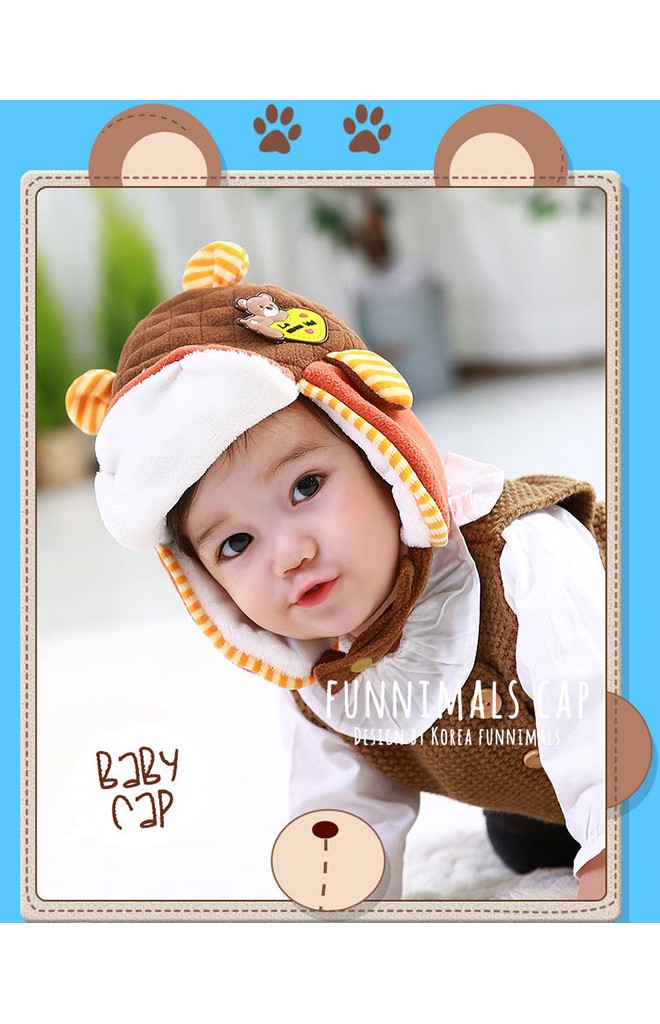 หมวกกันหนาวเด็ก สไตล์หมวกนักบินแต่งหูเล็กๆ ด้านหน้าแต่งรูปหมี funnimals