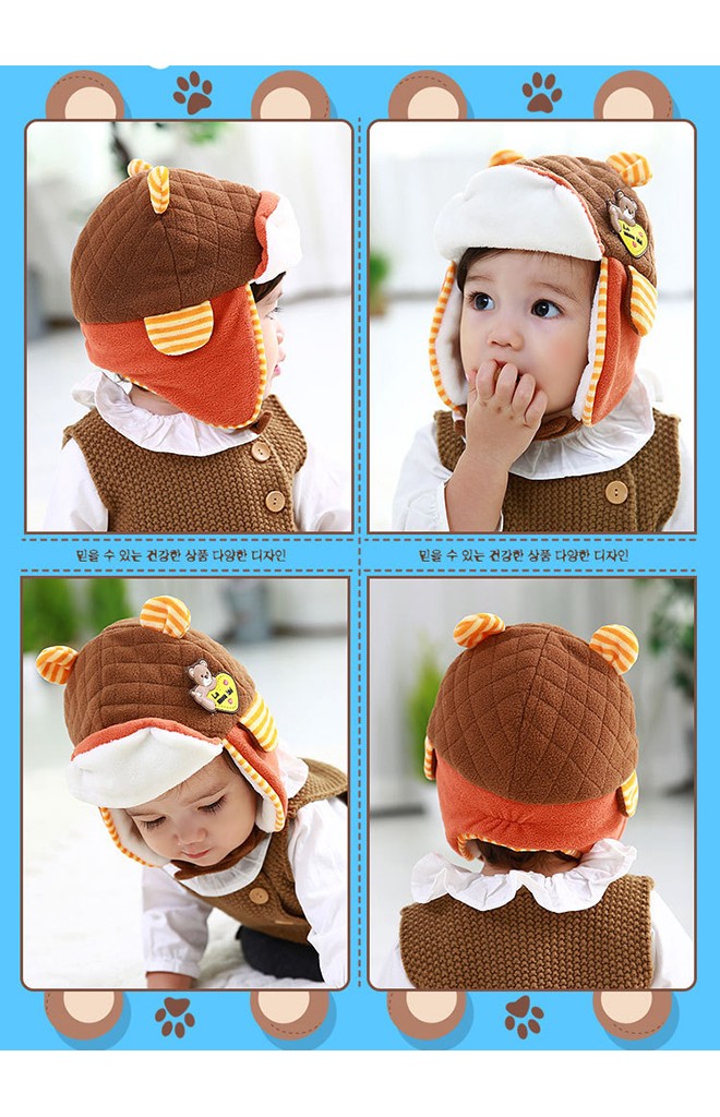 หมวกกันหนาวเด็ก สไตล์หมวกนักบินแต่งหูเล็กๆ ด้านหน้าแต่งรูปหมี funnimals