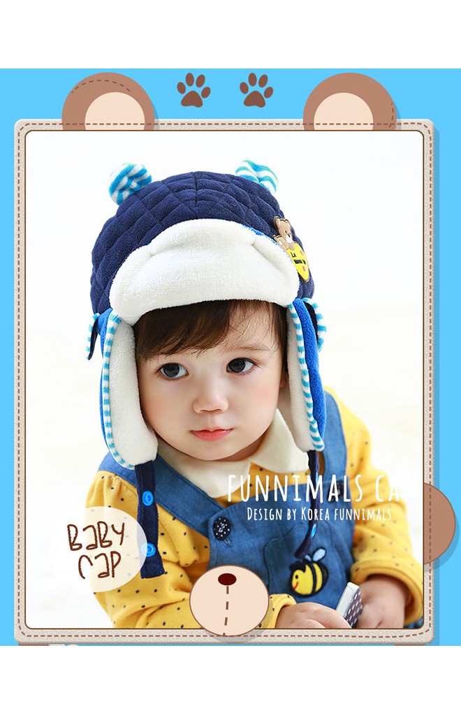 หมวกกันหนาวเด็ก สไตล์หมวกนักบินแต่งหูเล็กๆ ด้านหน้าแต่งรูปหมี funnimals