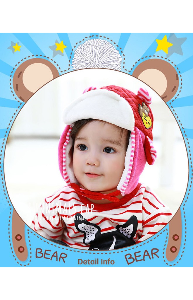 หมวกกันหนาวเด็ก สไตล์หมวกนักบินแต่งหูเล็กๆ ด้านหน้าแต่งรูปหมี funnimals