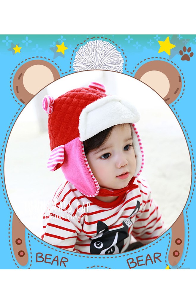 หมวกกันหนาวเด็ก สไตล์หมวกนักบินแต่งหูเล็กๆ ด้านหน้าแต่งรูปหมี funnimals