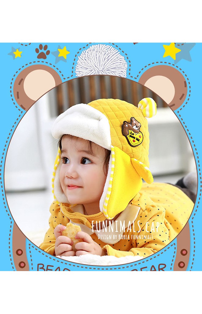หมวกกันหนาวเด็ก สไตล์หมวกนักบินแต่งหูเล็กๆ ด้านหน้าแต่งรูปหมี funnimals