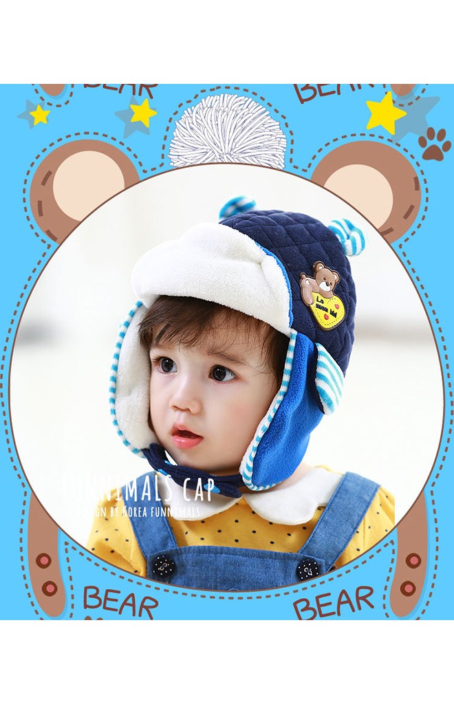 หมวกกันหนาวเด็ก สไตล์หมวกนักบินแต่งหูเล็กๆ ด้านหน้าแต่งรูปหมี funnimals