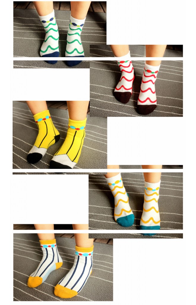ถุงเท้าเด็กลายกราฟิกสวย ปลายเท้าและขอบตัดสีพื้น