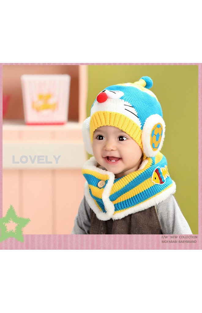 เซ็ตหมวกไหมพรมหุ่นยนต์แมว(โดเรม่อน มาพร้อมผ้าพันคอ