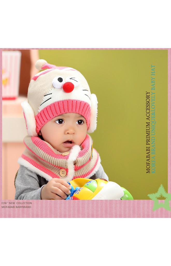 เซ็ตหมวกไหมพรมหุ่นยนต์แมว(โดเรม่อน มาพร้อมผ้าพันคอ