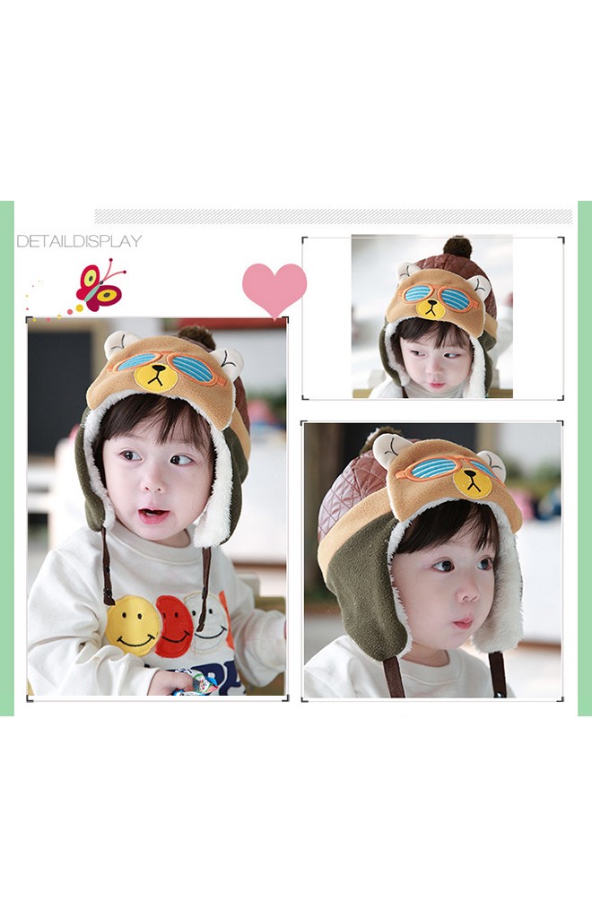 หมวกเด็กใส่กันหนาวสไตล์หมวกนักบิน แต่งหน้าหมีใส่แว่น