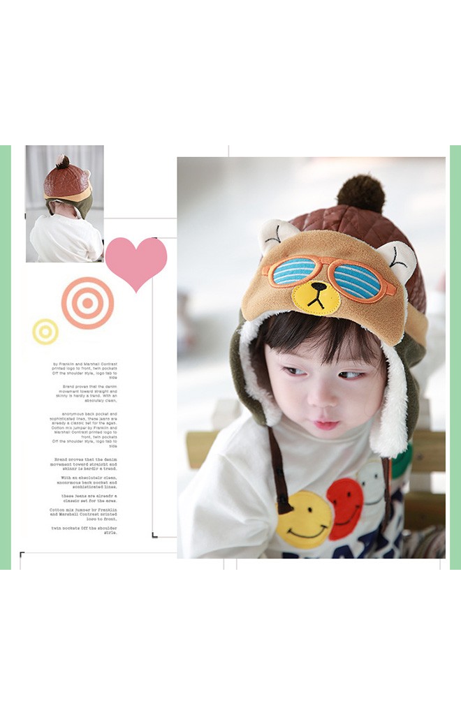 หมวกเด็กใส่กันหนาวสไตล์หมวกนักบิน แต่งหน้าหมีใส่แว่น