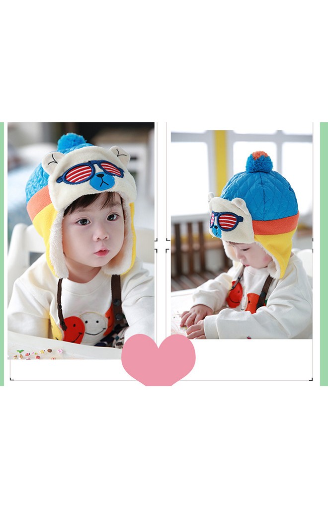หมวกเด็กใส่กันหนาวสไตล์หมวกนักบิน แต่งหน้าหมีใส่แว่น